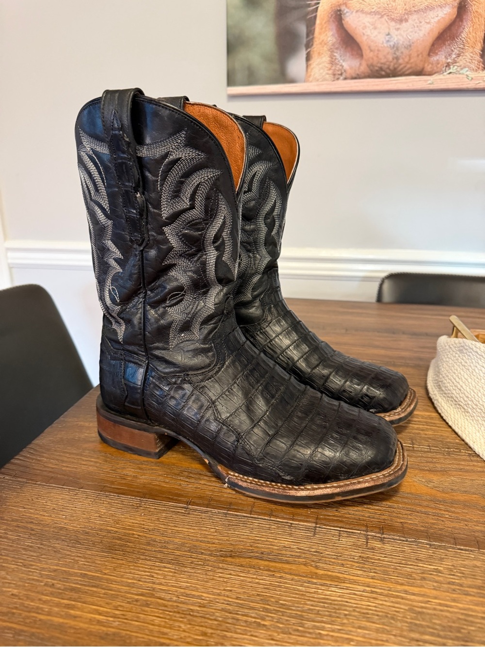 Dan Post Black Crocodile-Embossed Leather Western Boots with Contrast Lining